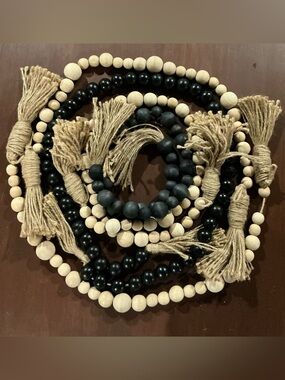Natural Wood and Black/Cream Beads & Tassel Garland - Neutral Home Accent